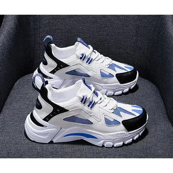Mens Colorblock Mesh Sneakers | Breathable Lightweight Platform Casual Shoes in White Blue, White Red, Black
