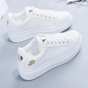 Valtensis Women Casual Fashion Rose Embroidery Thick-Soled Comfortable PU Leather White Sneakers